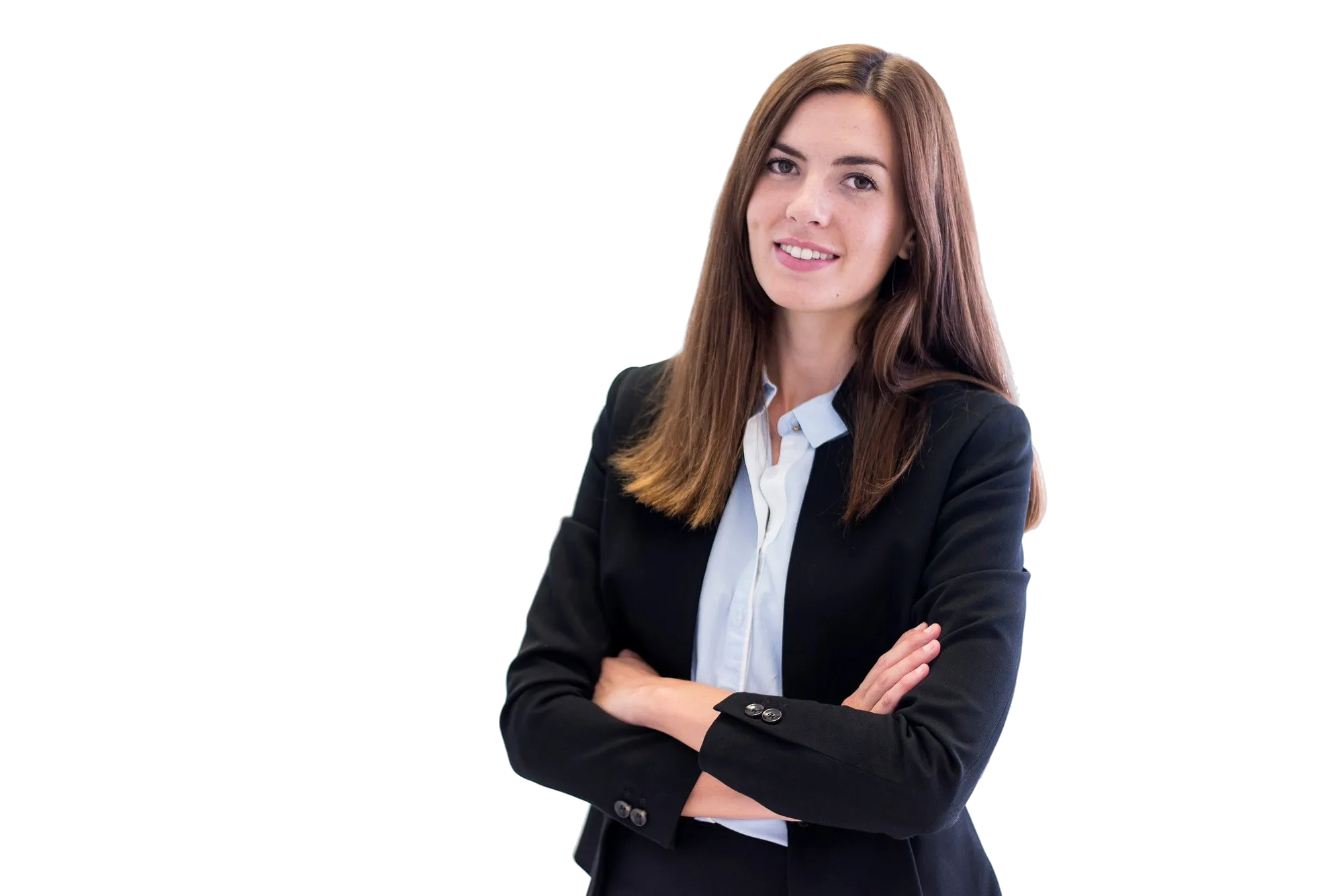 Professional woman standing confidently in a bright modern office settings