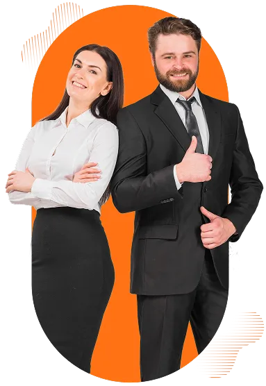 Male and female financial professionals standing confidently in business attire